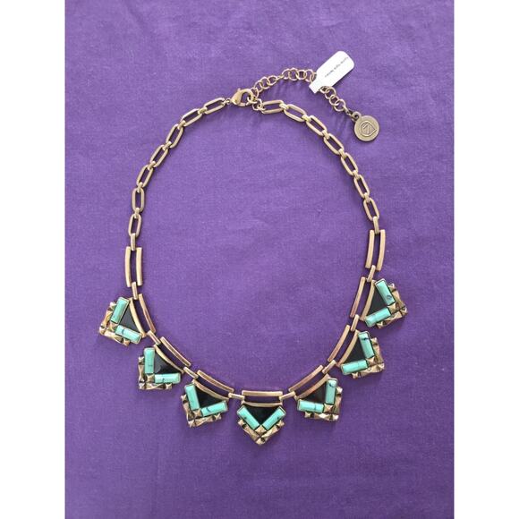 Egyptian Style Statement Necklace Gold Tone Brass Faux Turquoise Chevron Links - Picture 2 of 8